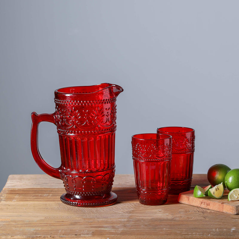 Vintage Red Glass Pitcher 40 Ounce Embossed Water Dispenser & Drink Server