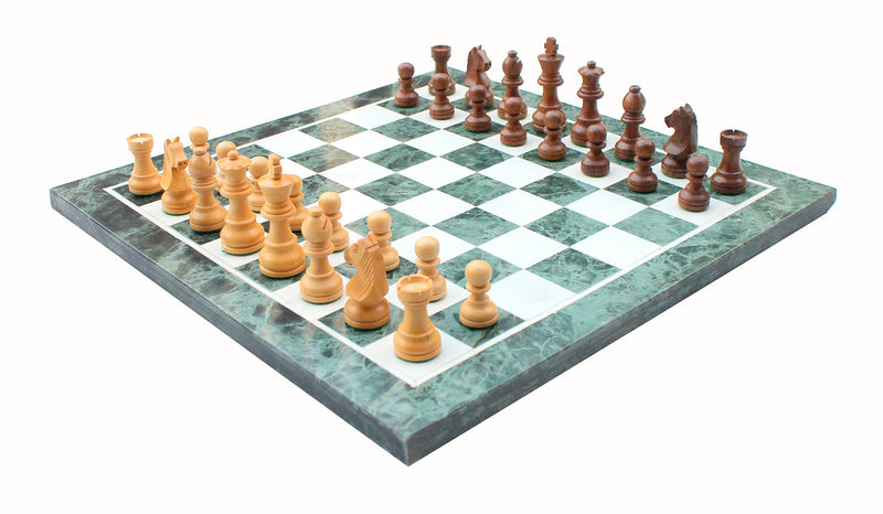 StonKraft Collectible Green Marble Chess Board Set + Wooden Crafted Pieces Pawns - Decorative Stone Chess - Home Décor - 15" Inches