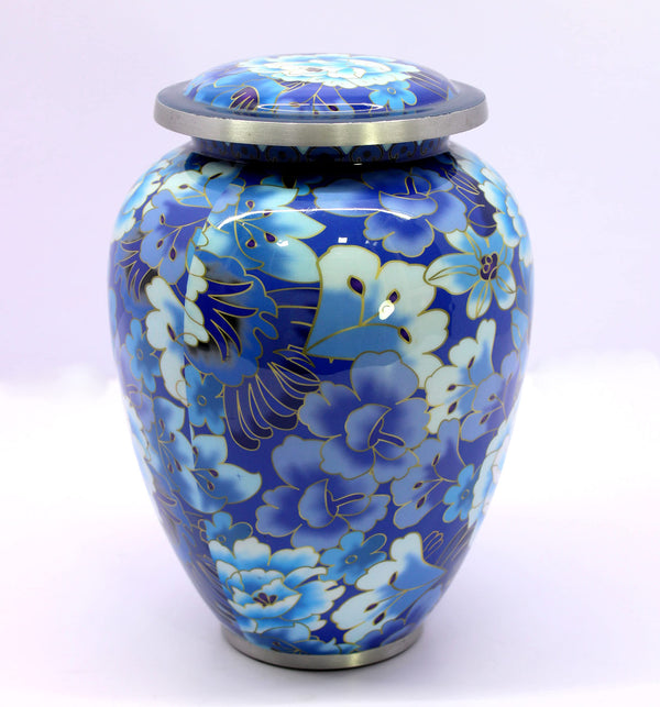 Esplanade Metal Cremation Urn 10 Blue With Flower Print Full Size Funeral Ashes