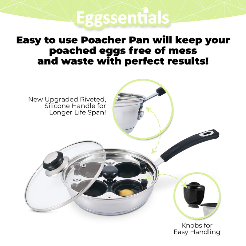 Stainless Steel 4 Cup Egg Poacher Pan Non Stick Poaching Cups With Lid & Spatula