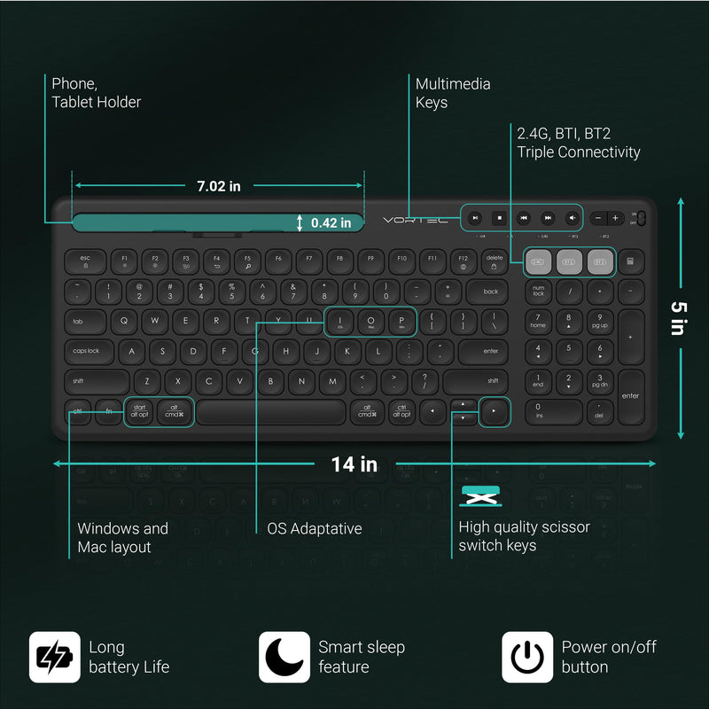 Vortec Universal Bluetooth Keyboard with Stand for Multiple Devices