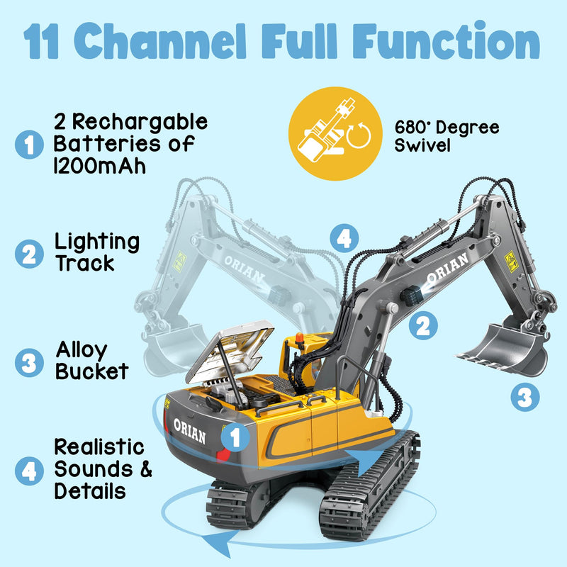 Orian Remote Control Excavator Toy 680 Degree Rotation Realistic Lights & Sounds