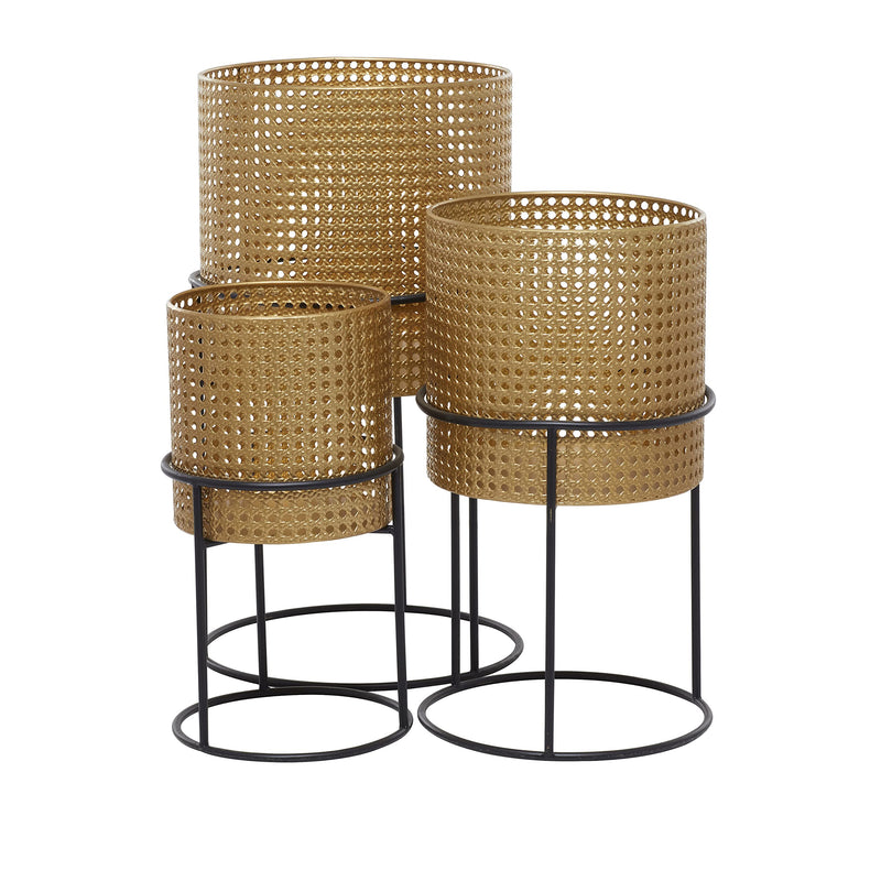 Gold Metal Planter Set with Black Stands - Set of 3