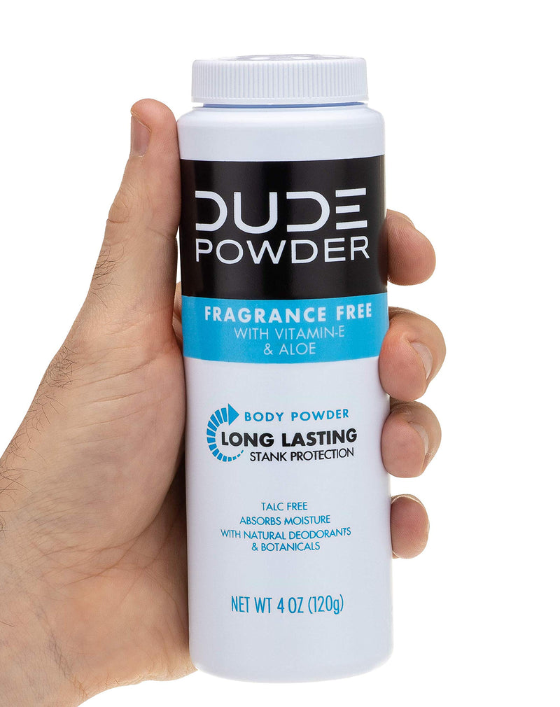 DUDE Body Powder Fragrance Free 4 Ounce Bottle Natural Deodorizers With Chamomile