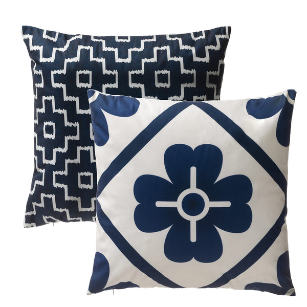 Premium Navy Royal Blue Velvet Throw Pillows 16 Inches Geometric Pattern 2 Pack