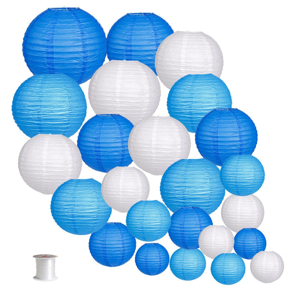 Zilue Blue/White Hanging Paper Lantern Set - 24pcs Party Decor