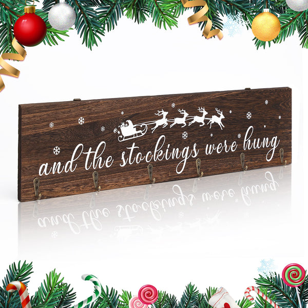 Wooden Christmas Stocking Holder with 6 Hooks for Mantel Decor