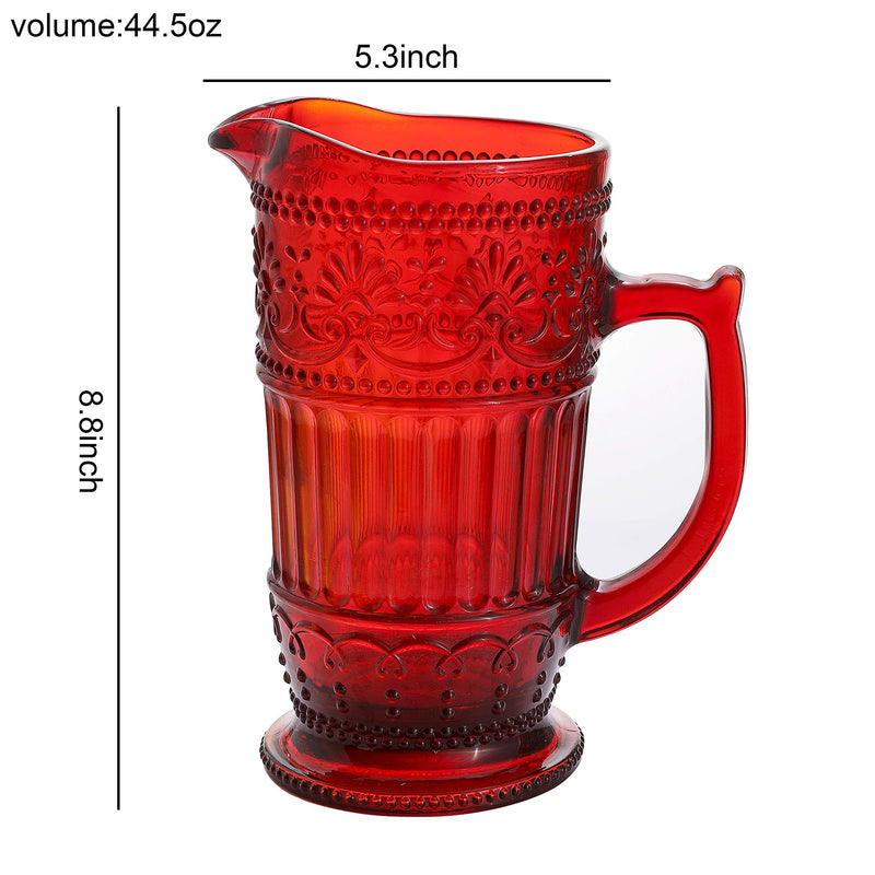 Vintage Red Glass Pitcher 40 Ounce Embossed Water Dispenser & Drink Server