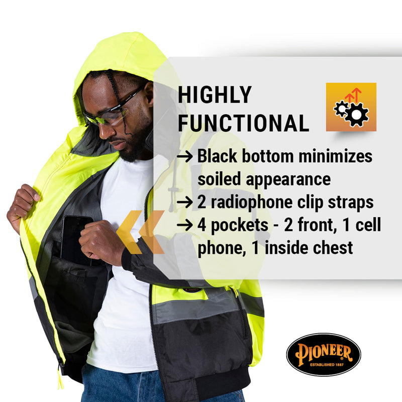 Pioneer HI VIS Safety Bomber Jacket with Detachable Hood Medium