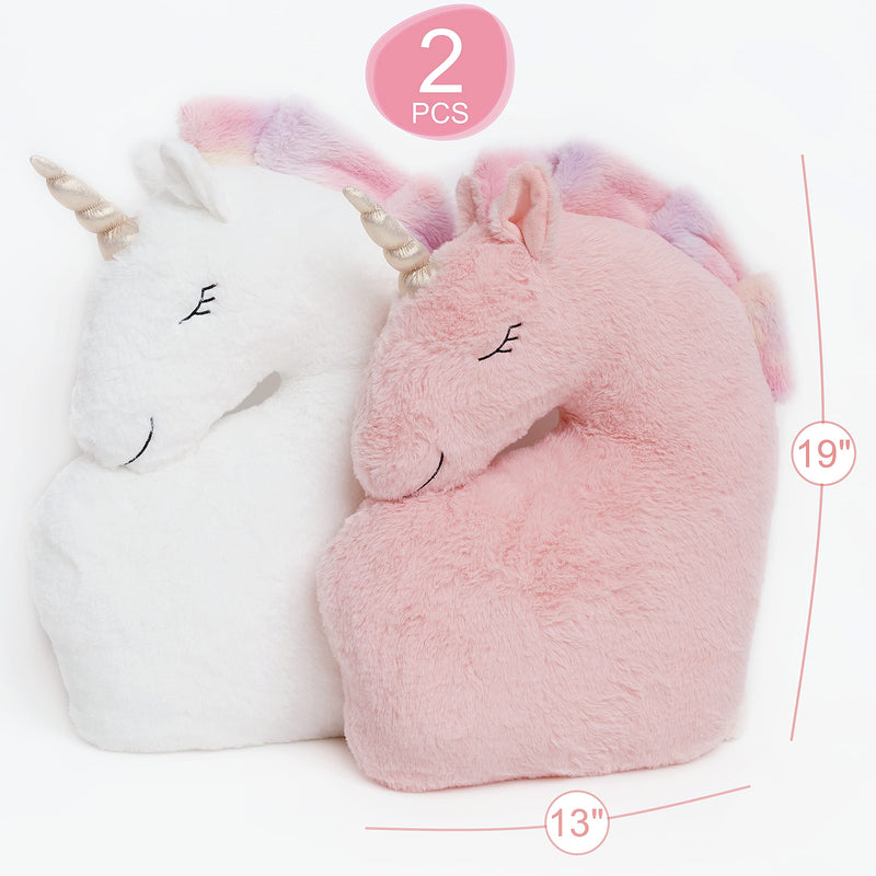 Set of 2 Unicorn Pillows White Pink Fluffy Plush for Girls Bedroom Décor