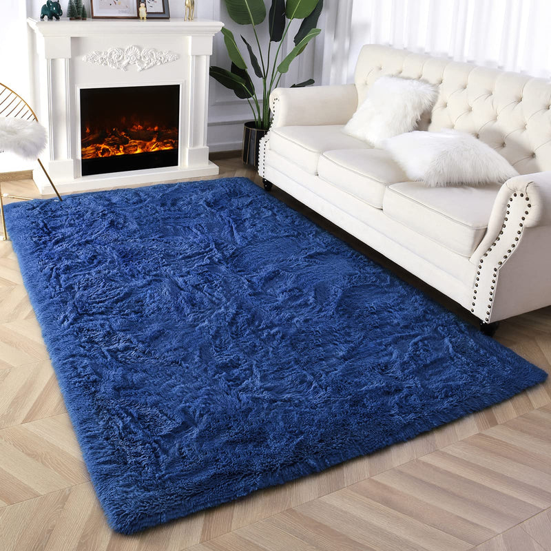 Prabia Super Soft Fluffy Shaggy Rugs for Living Room Bedroom, Fuzzy Plush Area Rugs for Girls Kids Room Nursery Home Decor, Furry Dorm Rug Cute Non-Slip Indoor Floor Carpet 5x8 Feet, Navy Blue