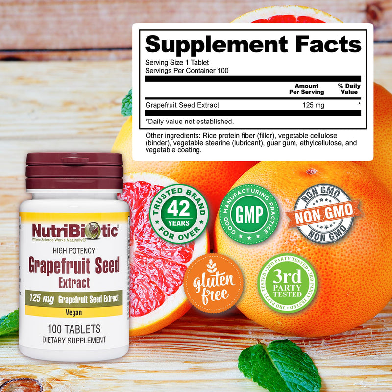 NutriBiotic Grapefruit Seed Extract Tablets 125mg 100 Count Vegan GSE