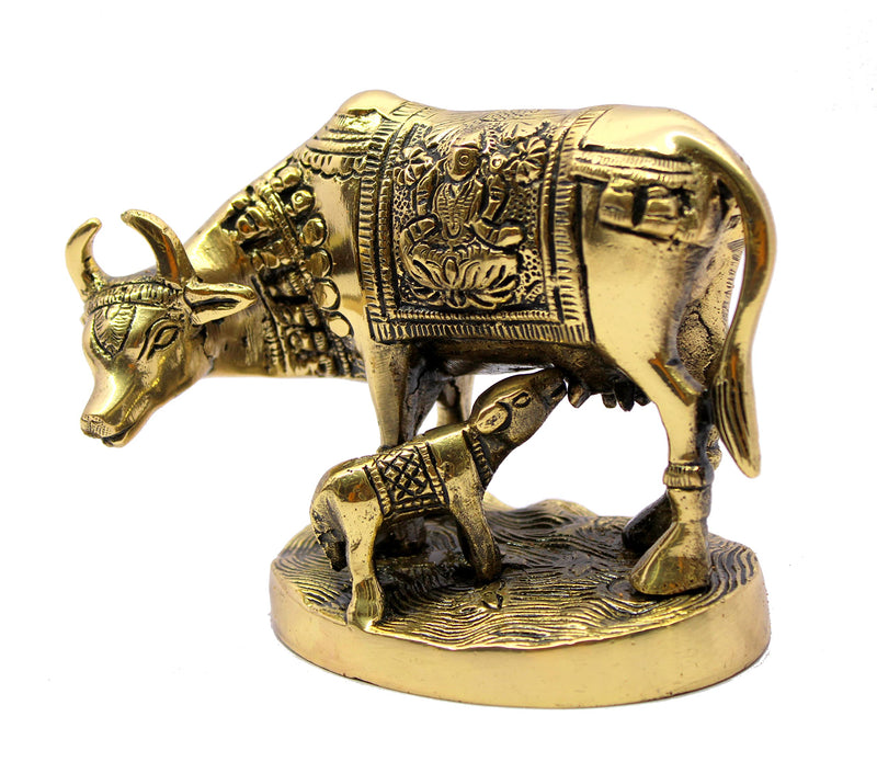 Stonkraft Brass Kamdhenu Cow Calf Kamadhenu Idol Murti Statue 5.5 Inch