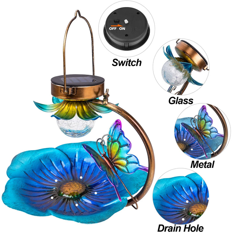 Solar Powered Decorative Bird Feeder with LED Light - 9.5 Inch