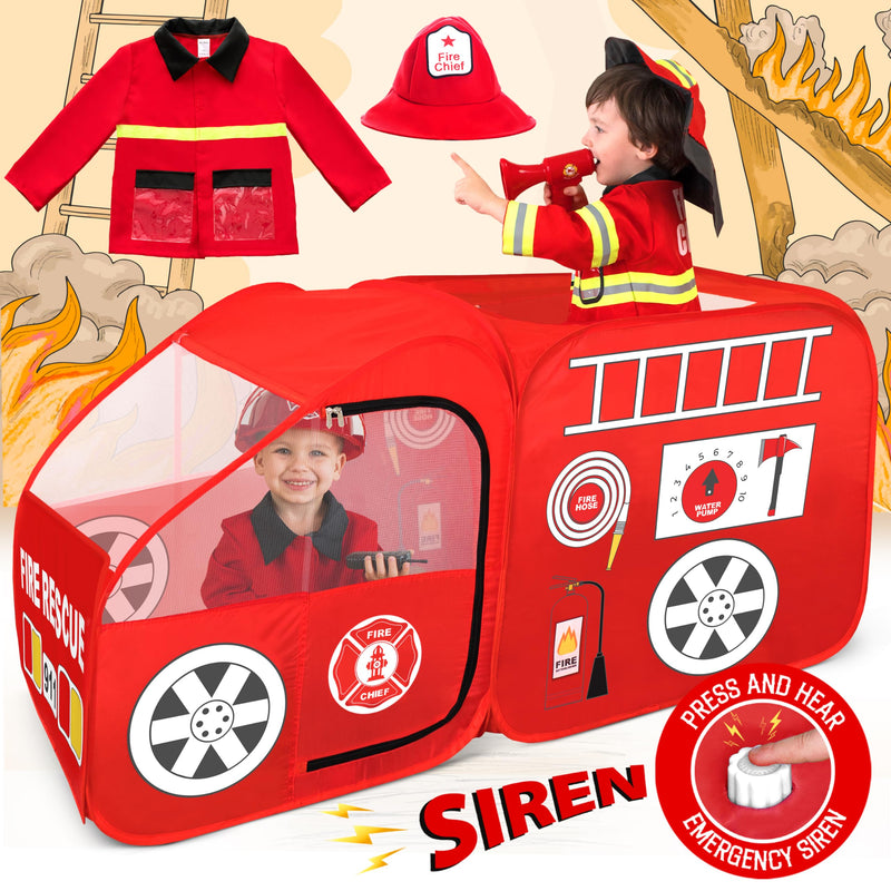 Kids Firefighter Play Tent with Hat & Jacket - Red