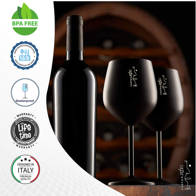 Unbreakable Black Stainless Steel Wine Glasses Set of 4 18 Oz