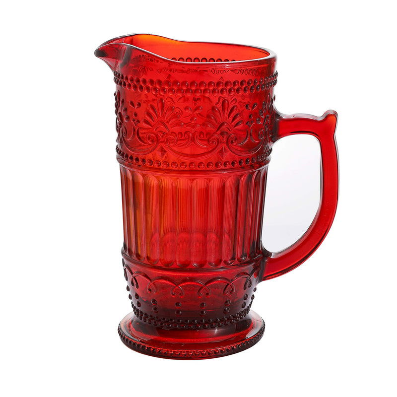 Vintage Red Glass Pitcher 40 Ounce Embossed Water Dispenser & Drink Server