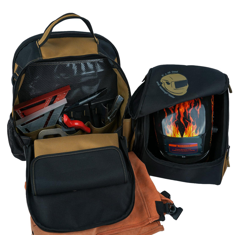 Khaki Welding Backpack with Helmet Holder and Tool Storage