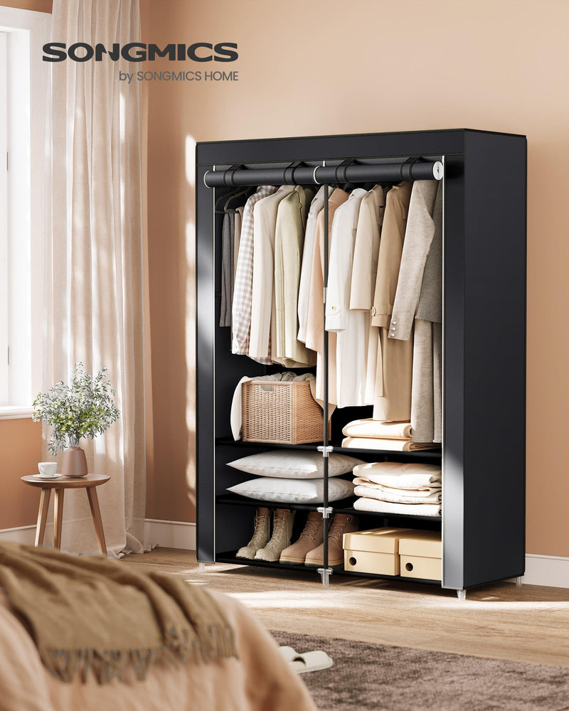 Portable Fabric Wardrobe Closet Organizer with Shelves, Black