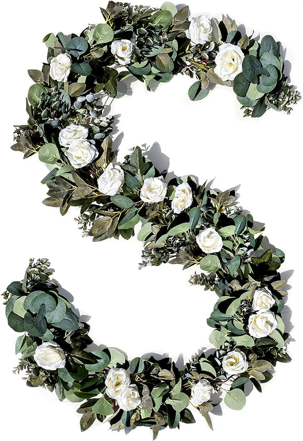 17 White Flower Eucalyptus Garland with Flowers Roses Floral Greenery for Wedding