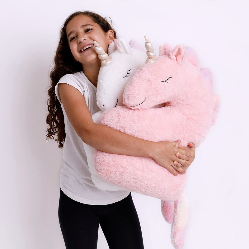 Set of 2 Unicorn Pillows White Pink Fluffy Plush for Girls Bedroom Décor