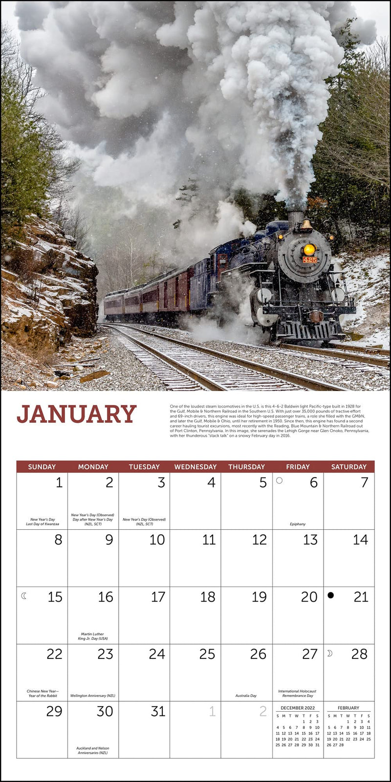 Steam Trains 2023 Wall Calendar - 12'' x 12'' Monthly Planner