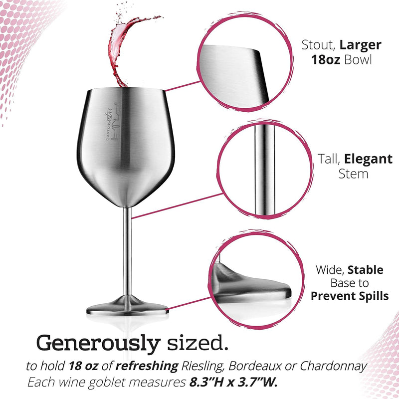 2 pack Silver Gusto Nostro Stainless Steel Wine Glass - 18 oz - Unbreakable Wine Glasses for Travel