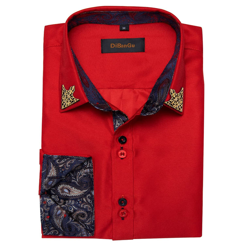 Dibangu Mens Red Casual Shirt Paisley Formal Dress Shirt Gold Collar Pin