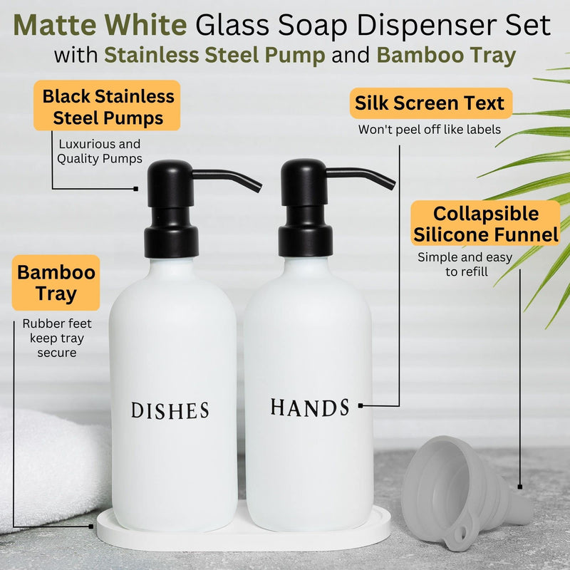 16 Oz White Glass Hand and Dish Soap Dispenser Set with Tray and Pumps