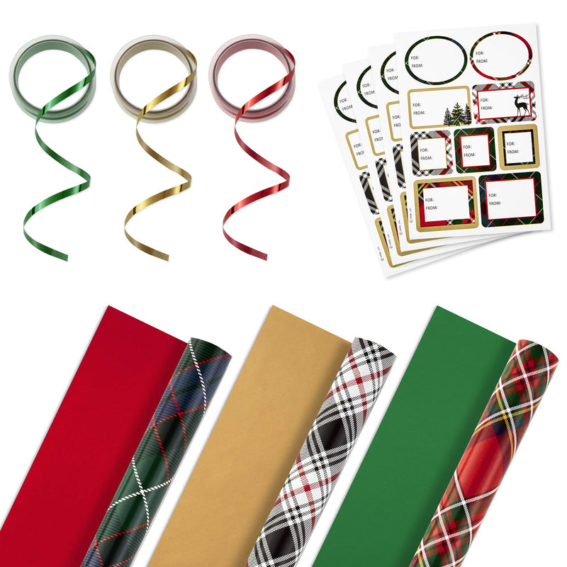 Hallmark Christmas Wrapping Paper Bundle With Cut Lines On Reverse Plaid (Pack Of 4 120 Sq. Ft. Ttl) Red And Black Green And Blue