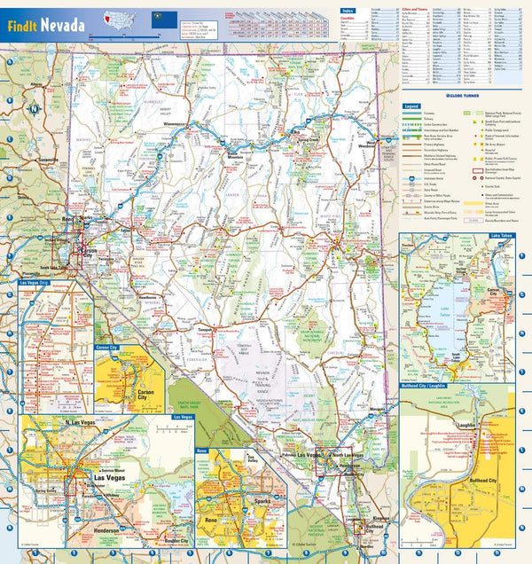 Nevada State Map with City Insets 16.75" x 17.75" Paper