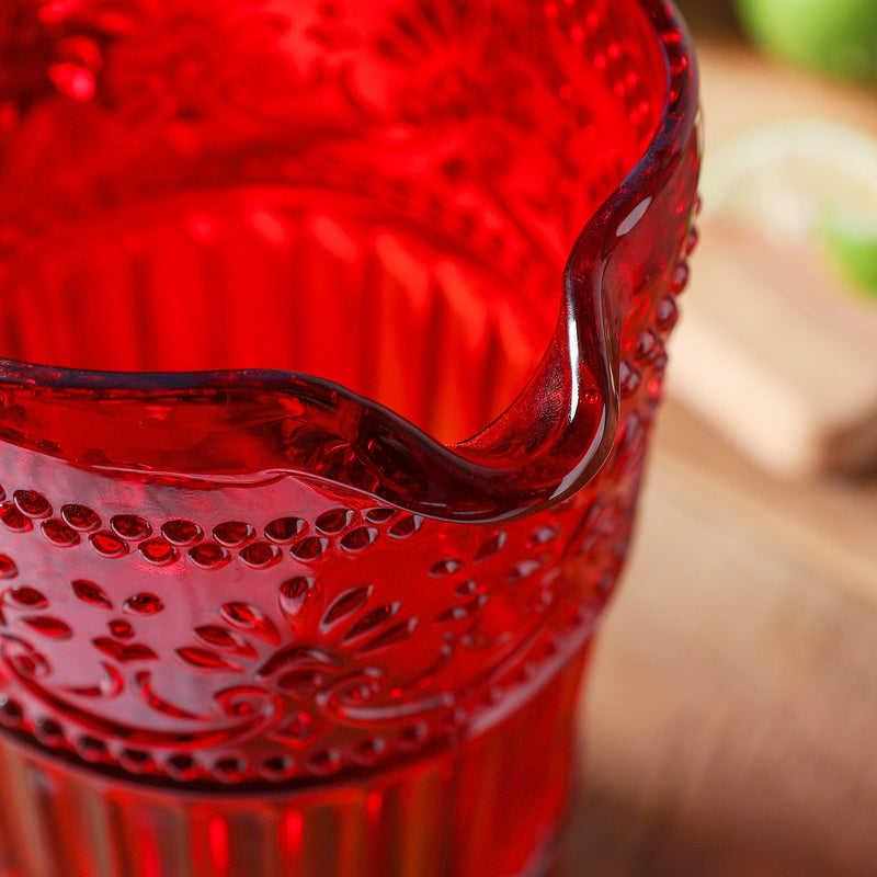 Vintage Red Glass Pitcher 40 Ounce Embossed Water Dispenser & Drink Server