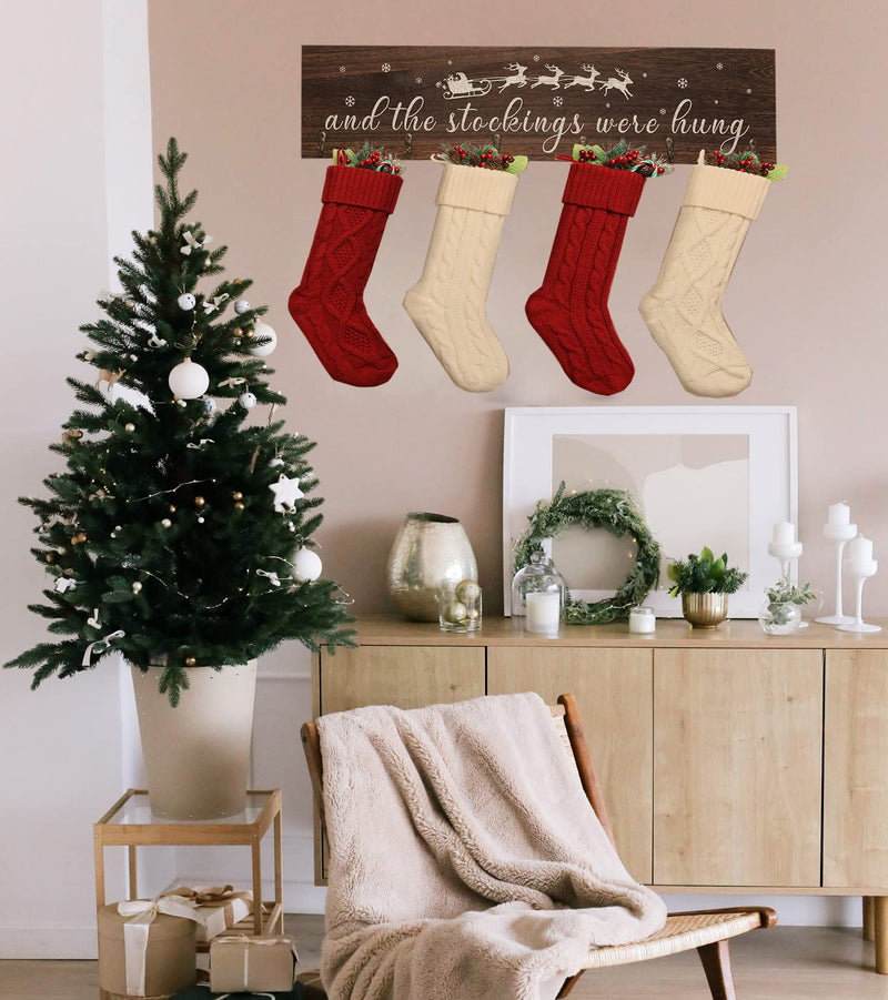 Wooden Christmas Stocking Holder with 6 Hooks for Mantel Decor