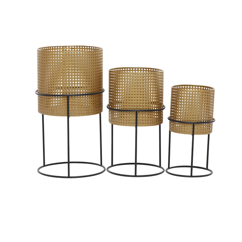 Gold Metal Planter Set with Black Stands - Set of 3