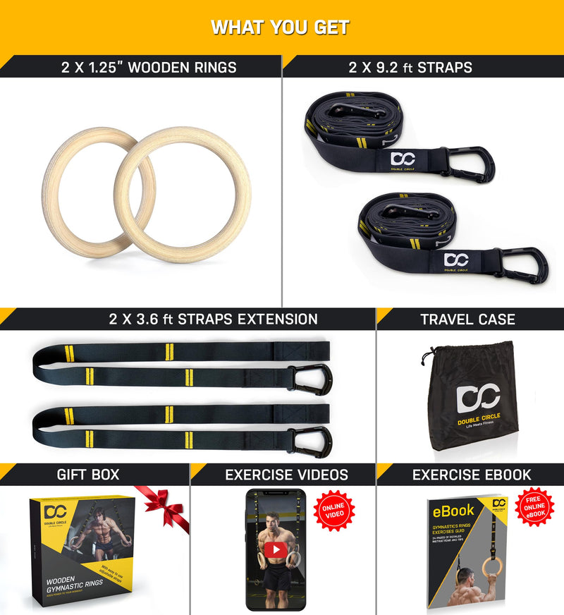 Gymnastic Rings with Adjustable Straps and Workout Guide Home Fitness Set