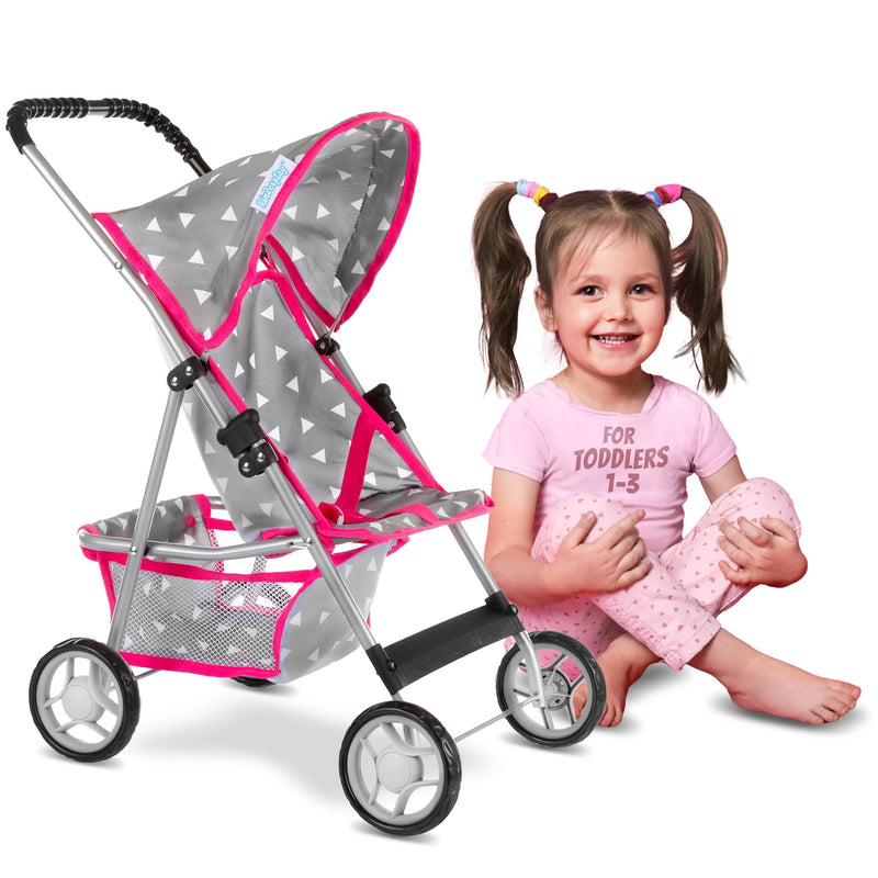 Toy Doll Stroller for Toddlers with Grey Triangle Design