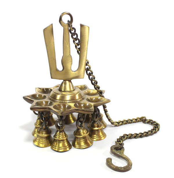 Krishna Wall Hanging Brass Diya with Bells and Chain Oil Lamp Home Decor Diya, Deepak, Deepam (Namah Design Diya) Brass