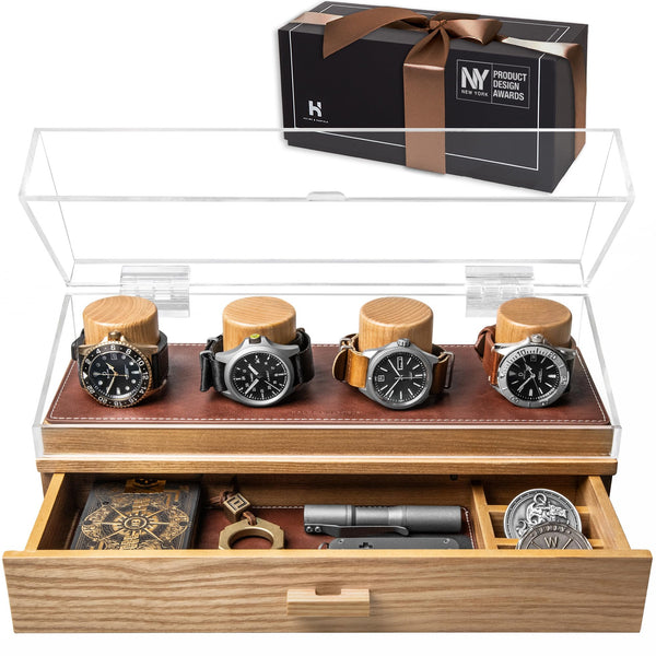 Luxury Wooden Watch Display Case with Accessory Drawer - Oak