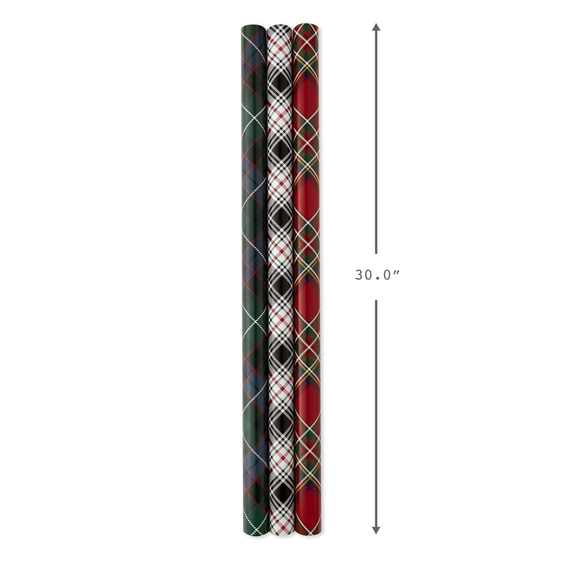 Hallmark Christmas Wrapping Paper Bundle With Cut Lines On Reverse Plaid (Pack Of 4 120 Sq. Ft. Ttl) Red And Black Green And Blue