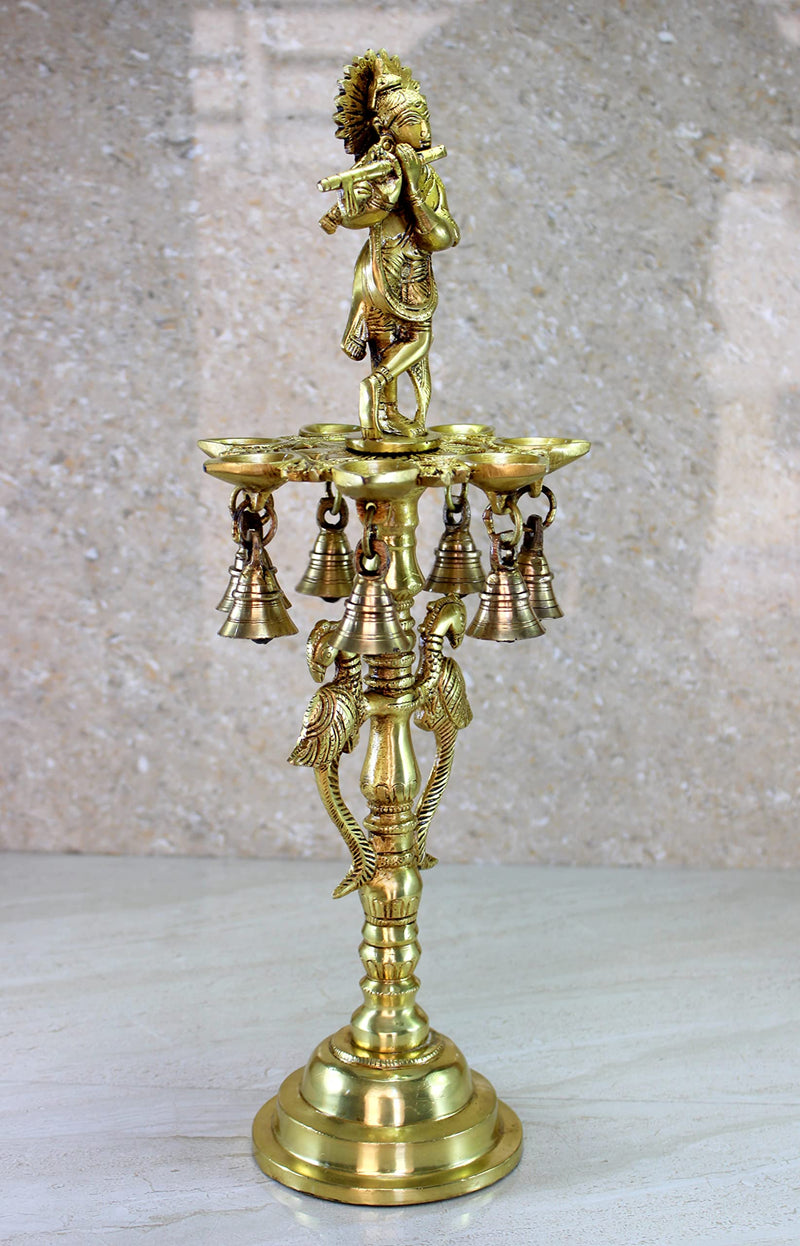 Brass Krishna Oil Lamp 16.5 Kuthu Vilakku Deepam Lamps for Home & Office Decor