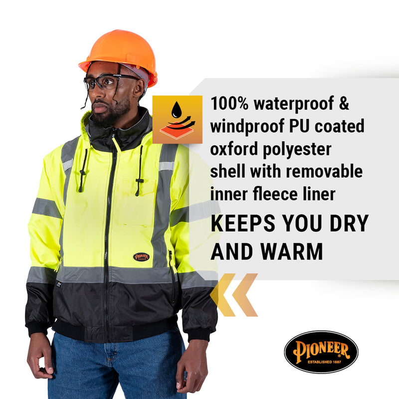 Pioneer HI VIS Safety Bomber Jacket with Detachable Hood Medium