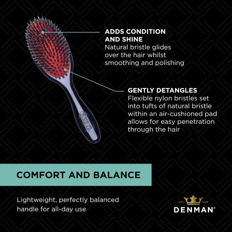 Denman Small Cushion Brush with Nylon & Boar Bristles - Black