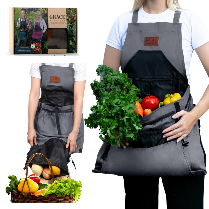 Grace and August Gardening Apron With 7 Pockets Drawstring Bag Grey Pumpkin