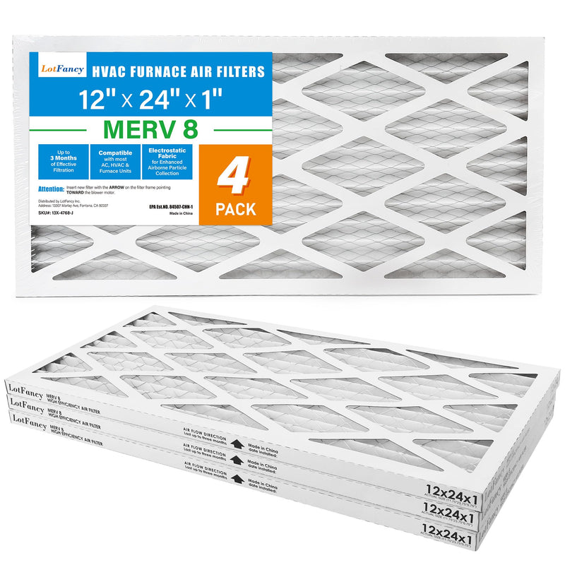 LotFancy MERV 8 12x24x1 HVAC Air Filters - 4 Pack
