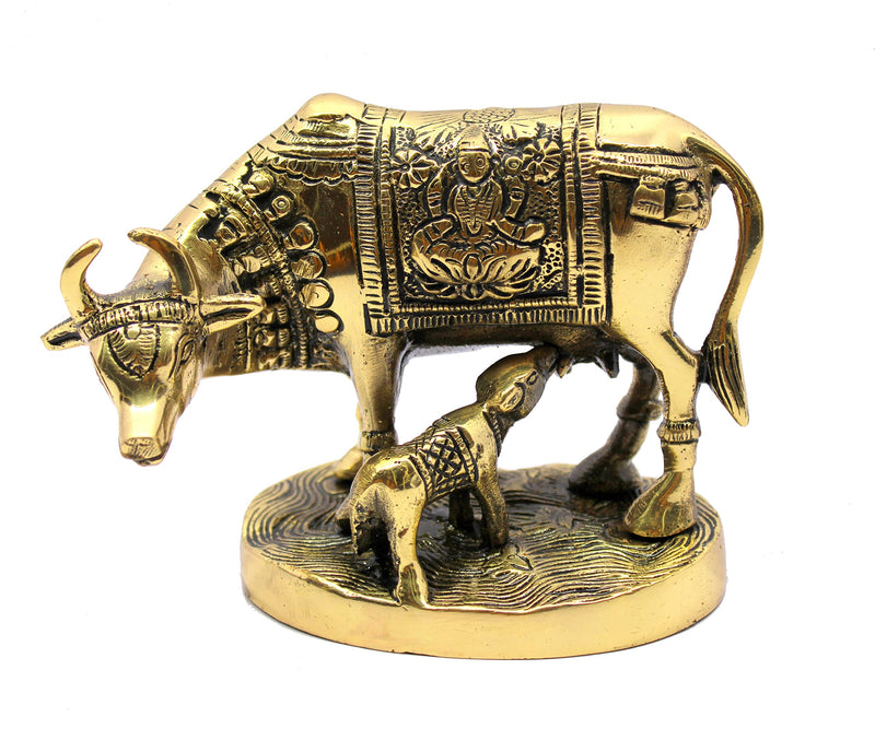 Stonkraft Brass Kamdhenu Cow Calf Kamadhenu Idol Murti Statue 5.5 Inch