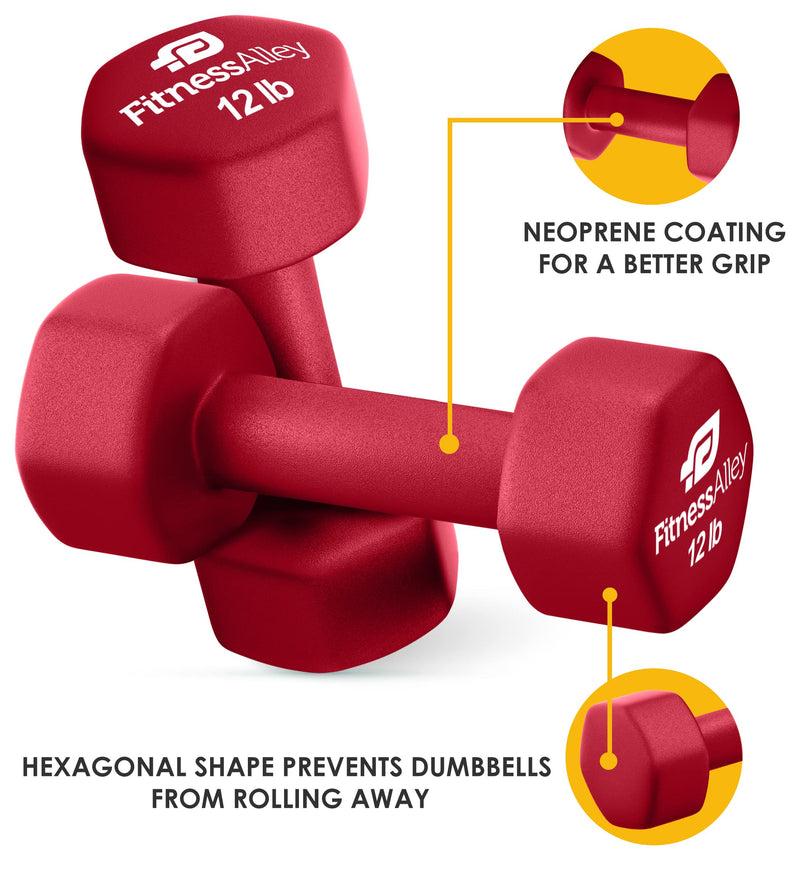 Fitness Alley 12lb Red Hex Neoprene Dumbbell Set for Strength Training