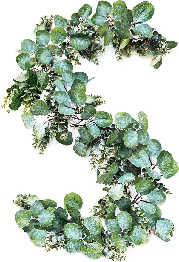 Wildivory Eucalyptus Garland - Lush, Natural Looking Artificial Faux Greenery Garland Vine For Wedding Decor, Table Runner, Mantle. Abundant Textured Boxwood, Silver Dollar Eucalyptus Leaves Color Green Size Wildvory