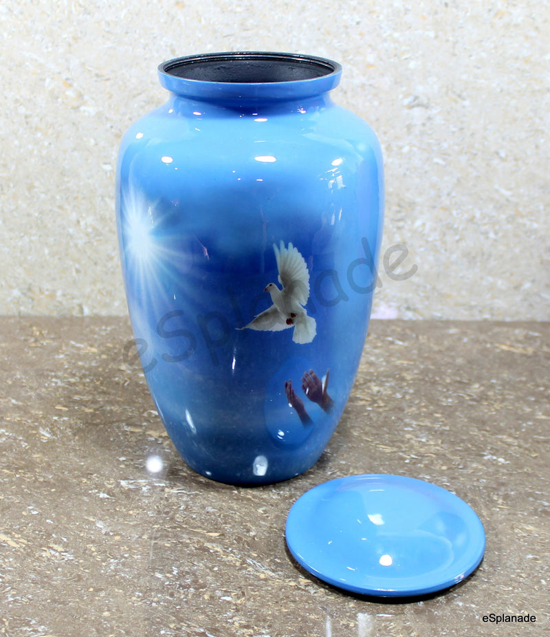 Esplanade Metal Cremation Urn White Pigeon Print Blue 10 Full Size Memorial Jar
