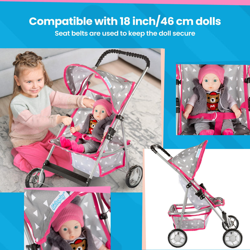 Toy Doll Stroller for Toddlers with Grey Triangle Design