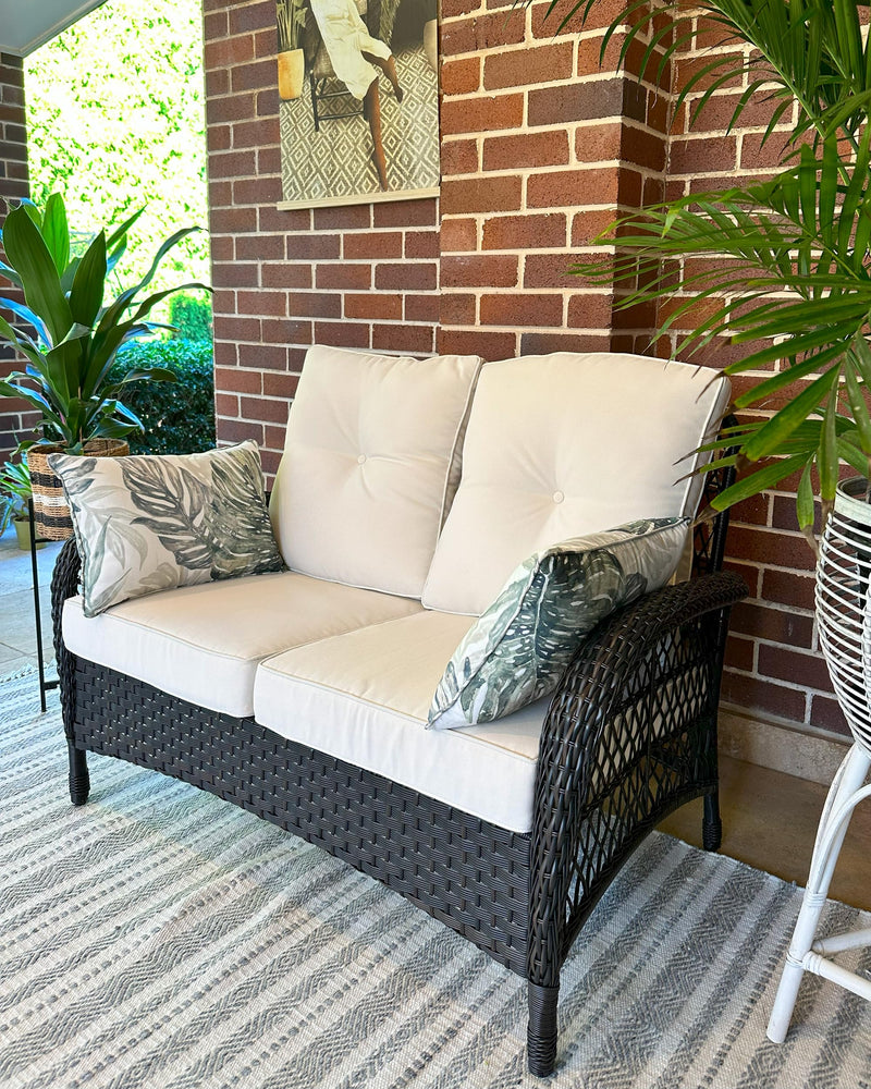 Harlie & Stone Outdoor Loveseat Wicker Patio Sofa With Beige Cushion